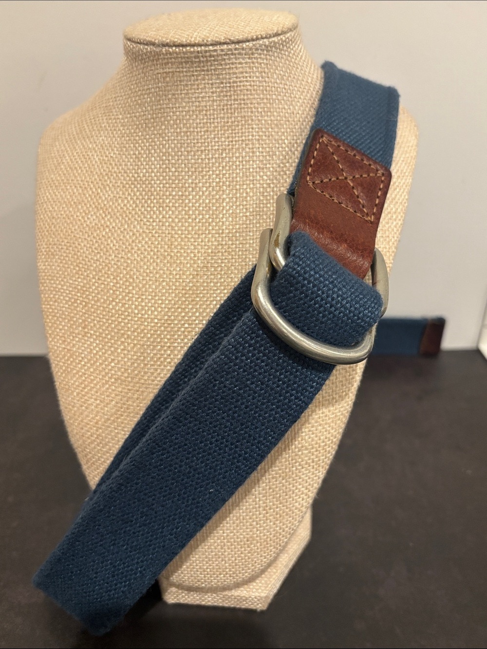 Lands' End Blue Canvas D-Ring Web Belt Brown Leather Tab Size Large / XL 46"